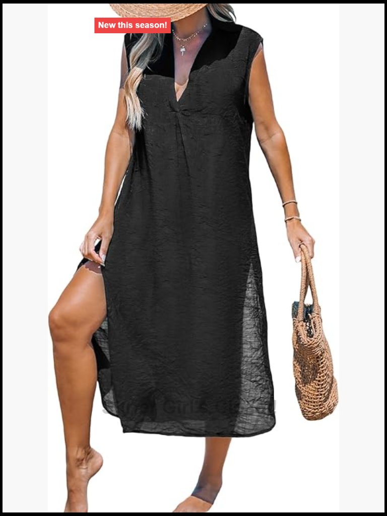 Swimsuit Coverup Sleeveless Side Split V Neck Midi Beach Dress Rayon